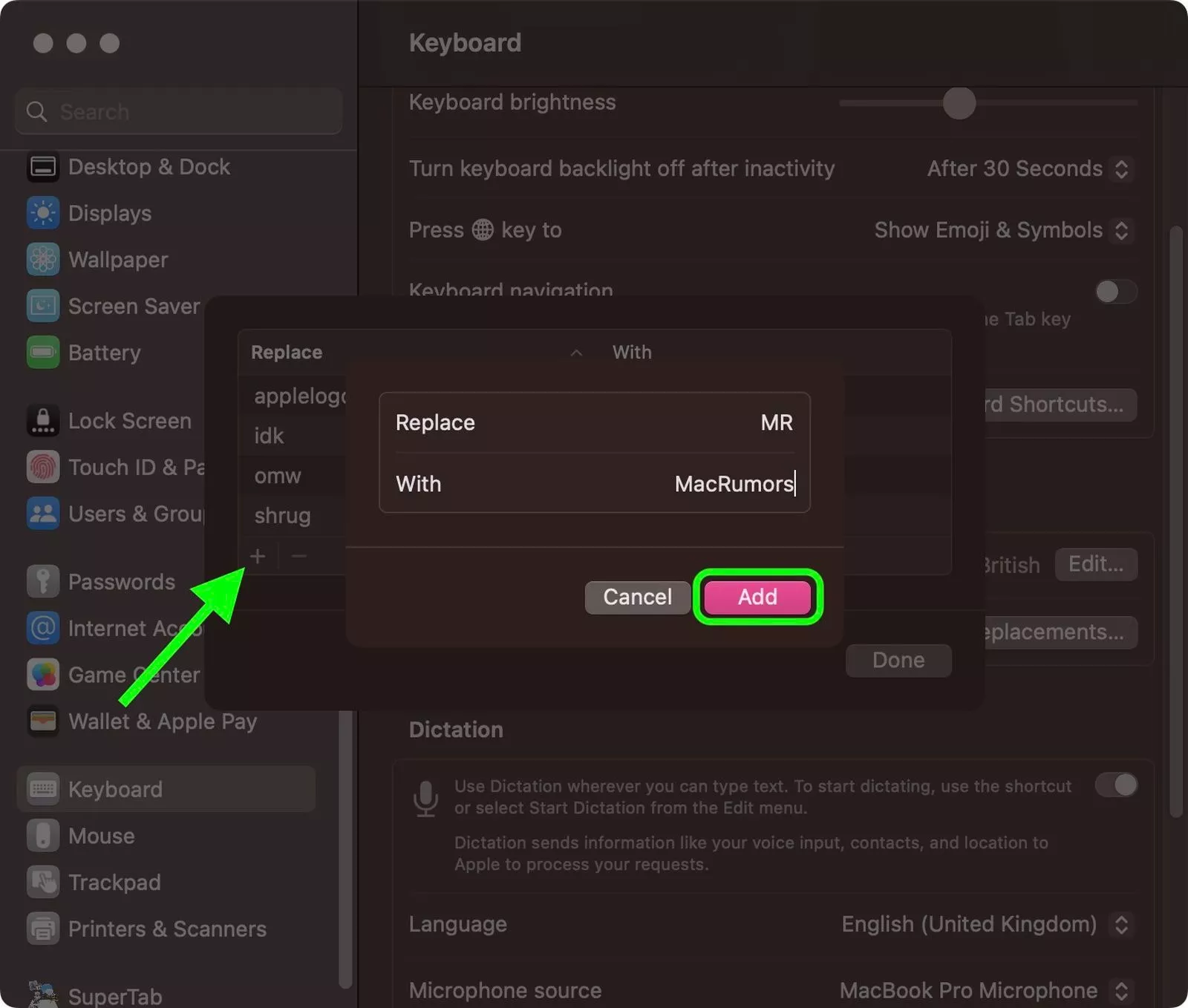 Как настроить замену текста на Mac?