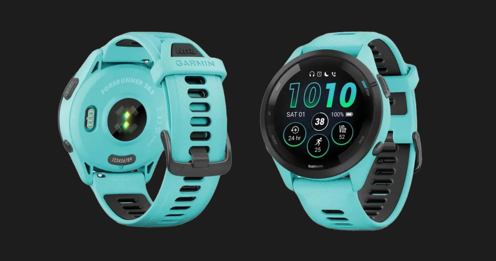 Garmin Forerunner 265 Black Bezel with Aqua Case and Aqua/Black Silicone Band