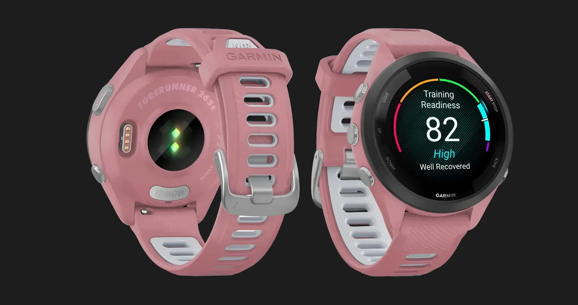 Garmin Forerunner 265S Black Bezel with Light Pink Case and Light Pink/Whitestone Silicone Band