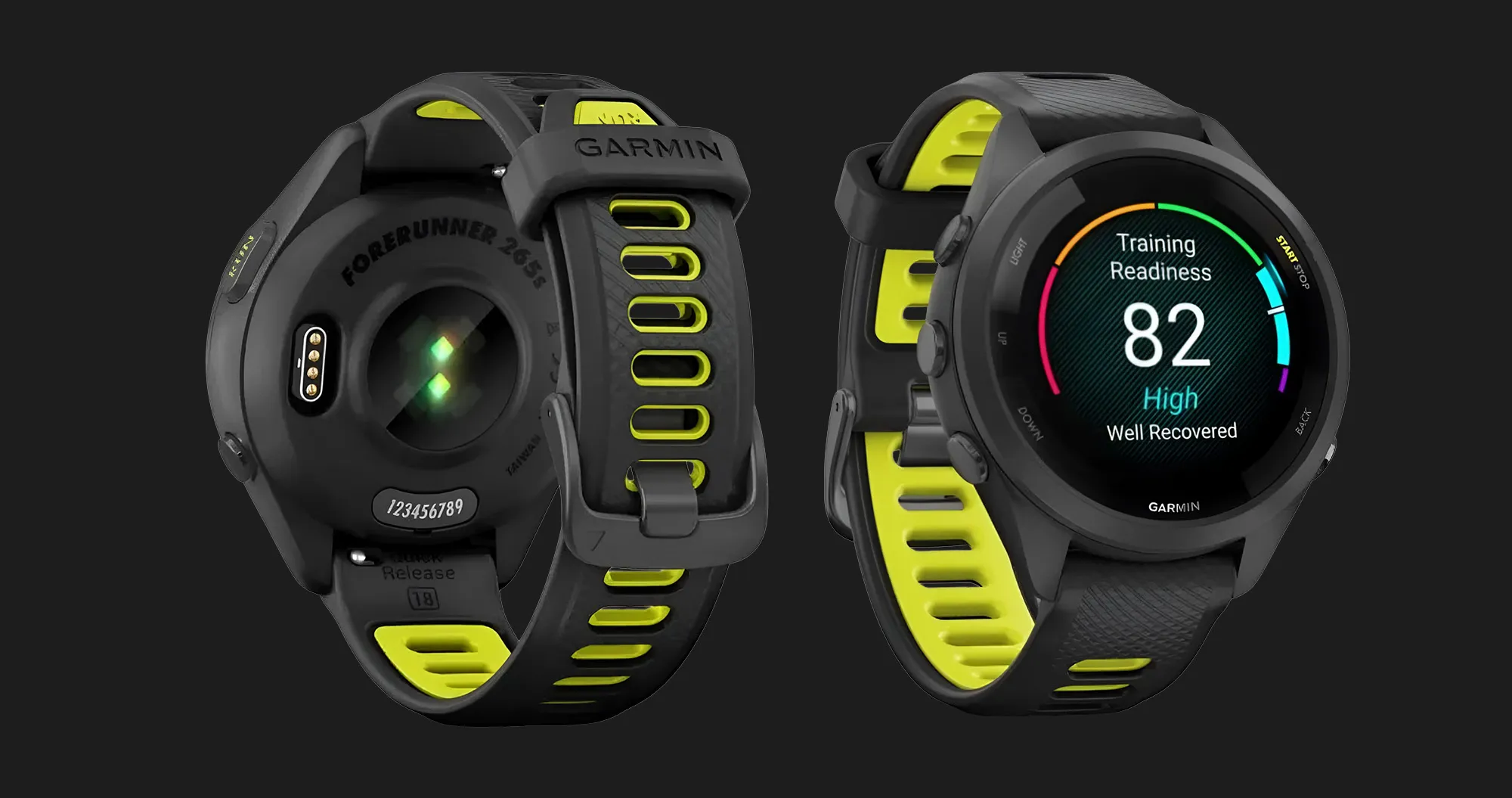 Garmin Forerunner 265S Black Bezel and Case with Black/Amp Yellow Silicone Band