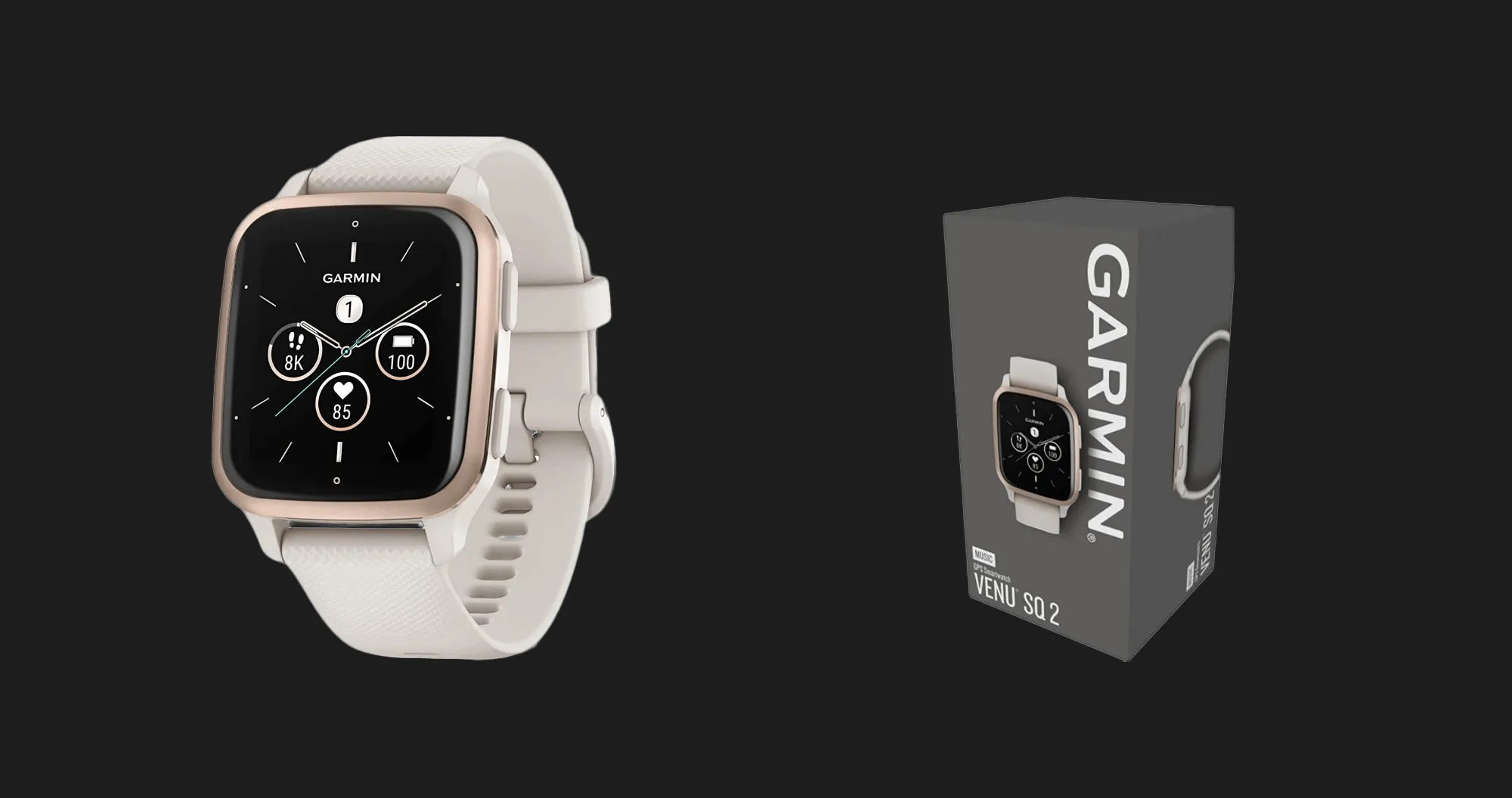 Garmin Venu Sq Light Gold Aluminum Bezel with White Case and Silicone Band