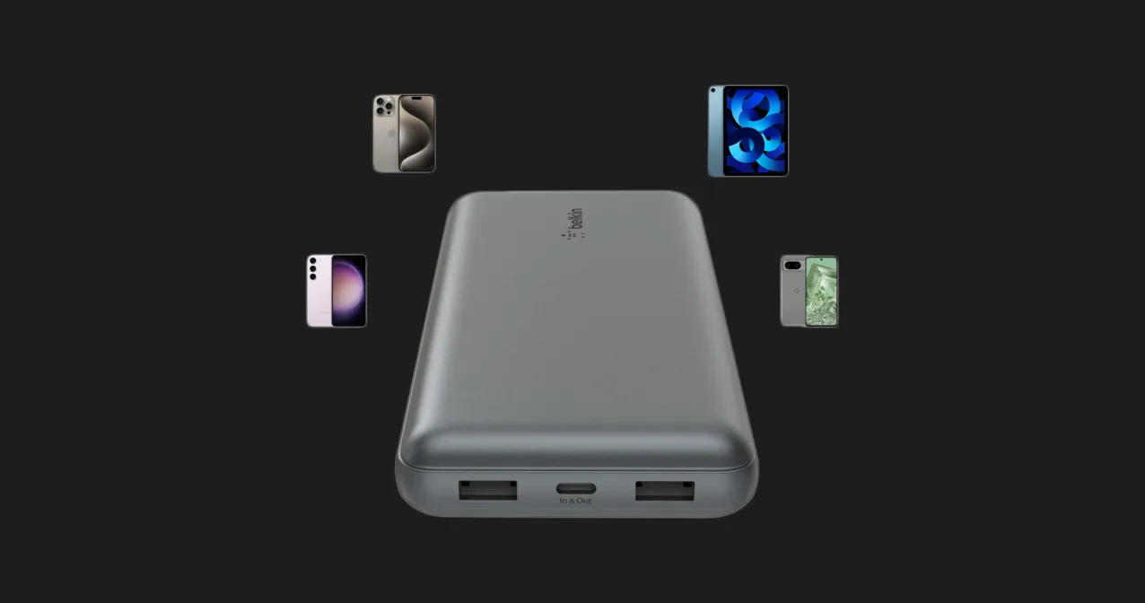 Зарядний пристрій Power Bank Belkin 20000mAh, 15W, Dual USB-A, USB-C (Gray)