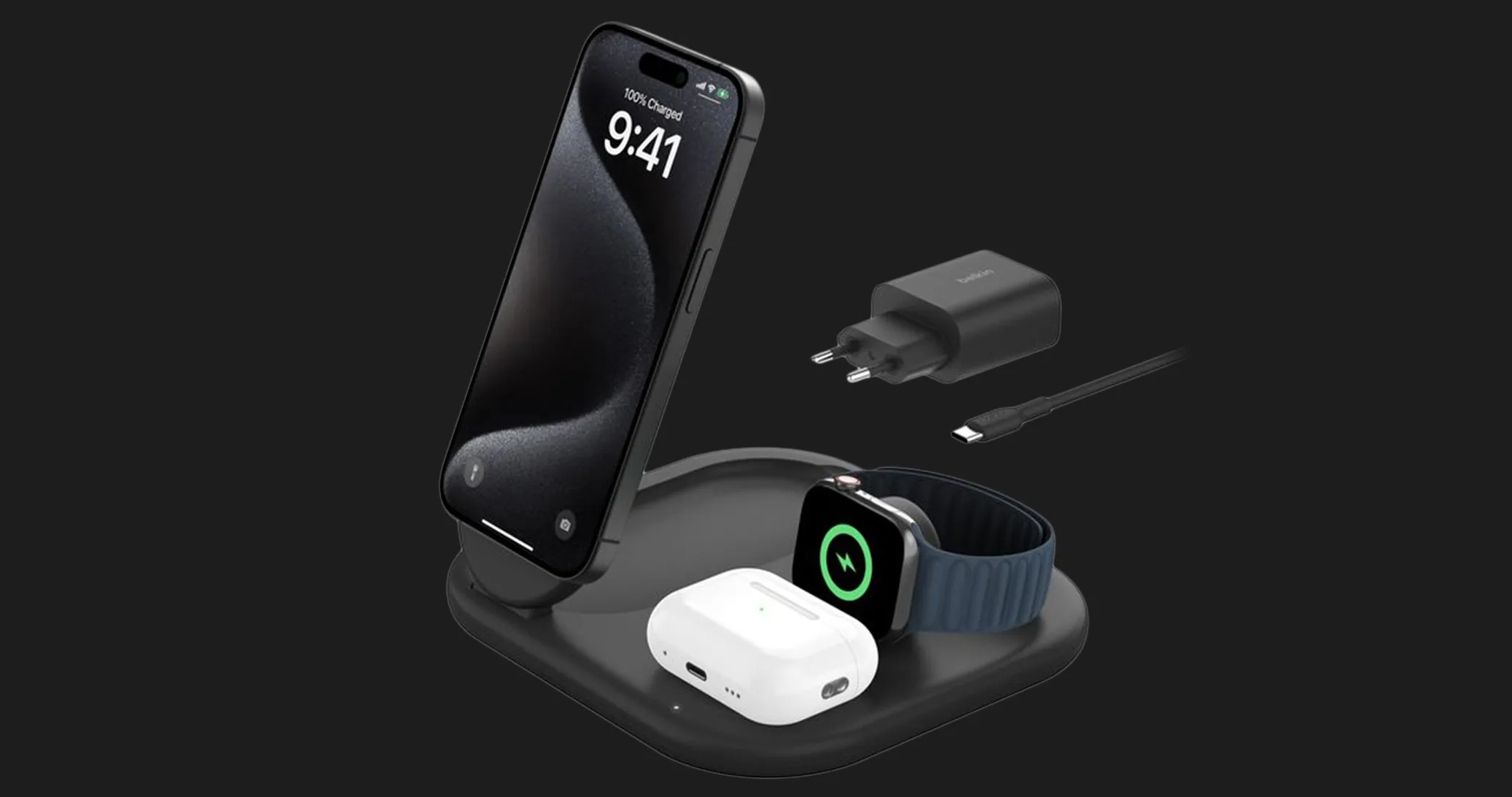 Безпровідна зарядка Belkin 3в1 Magnetic Foldable iPhone/Watch/AirPods, Qi2 15Вт (Black)