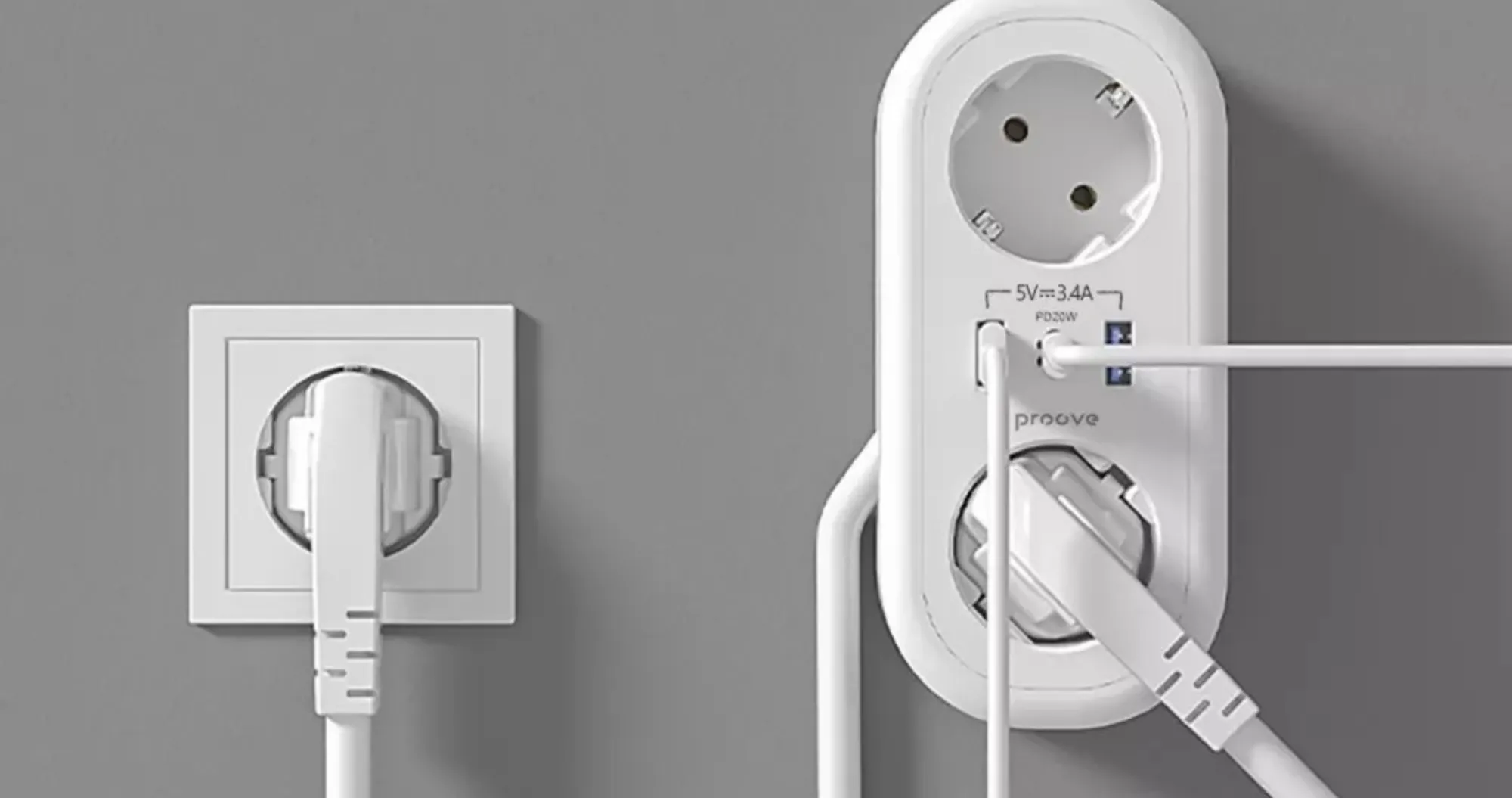 Сетевой фильтр Proove Supercoil 20W (2 розетки + Type-C + 2 USB) 1.5M