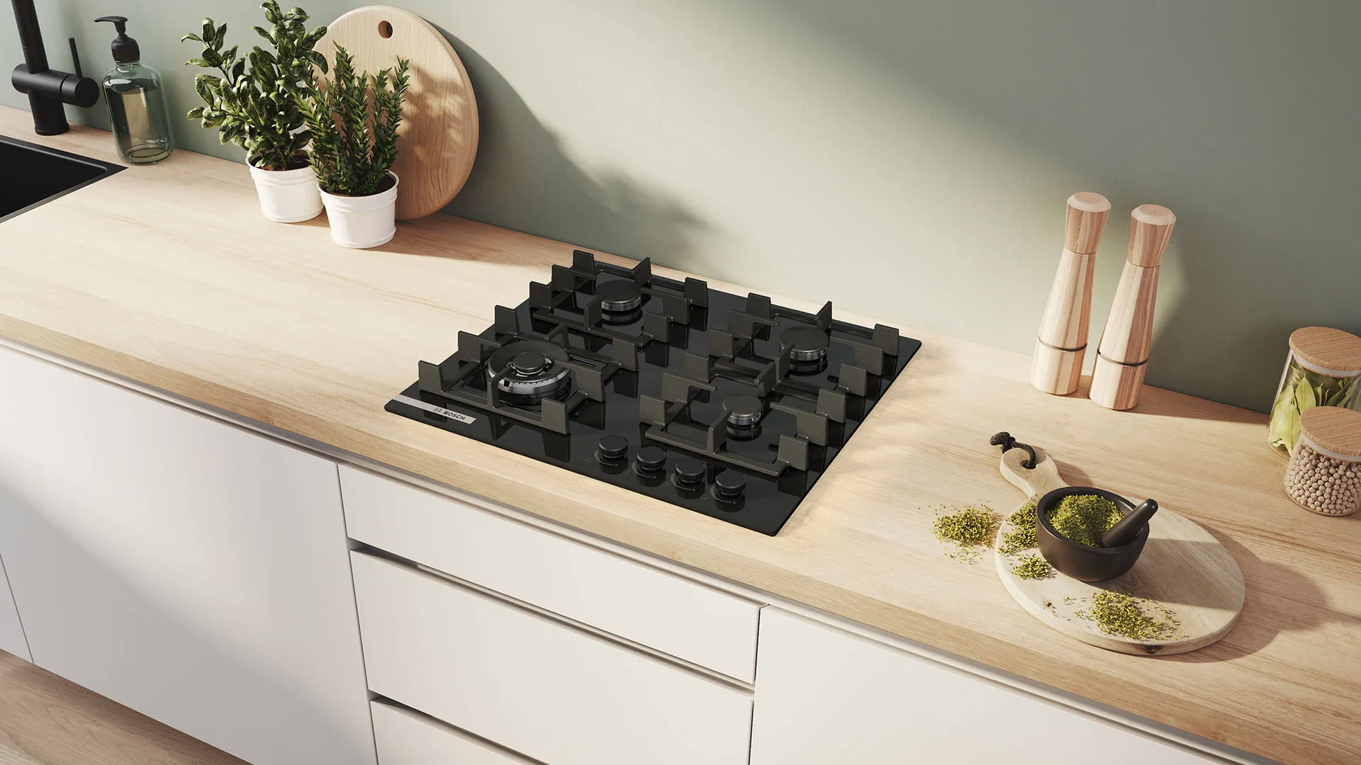 Варочная поверхность Bosch газовая на стекле, 60см, чугун (PNK6B6P40R) (Black)