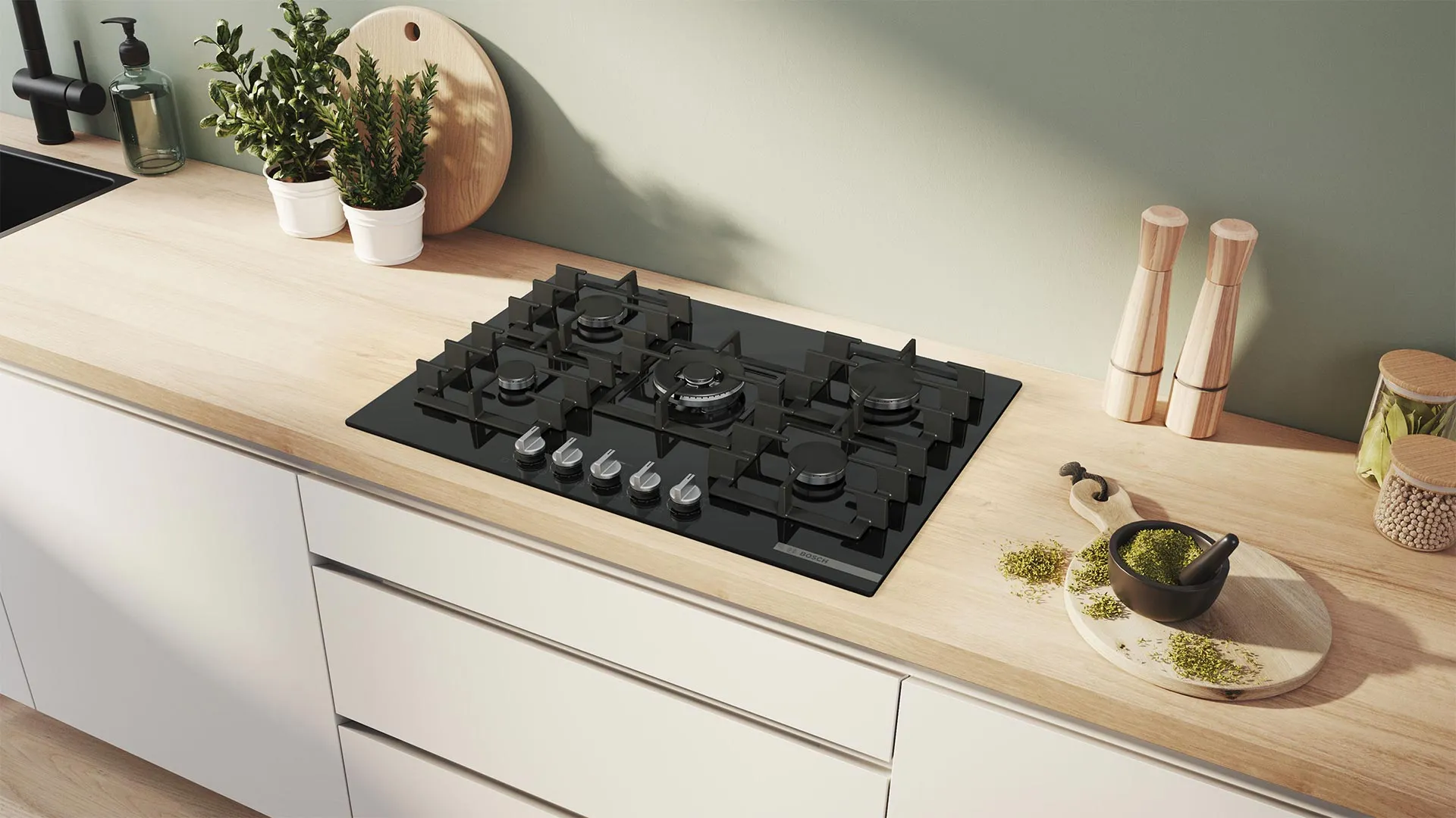Варочная поверхность Bosch газовая на стекле, 75см, чугун (PPQ7A6I45) (Black)