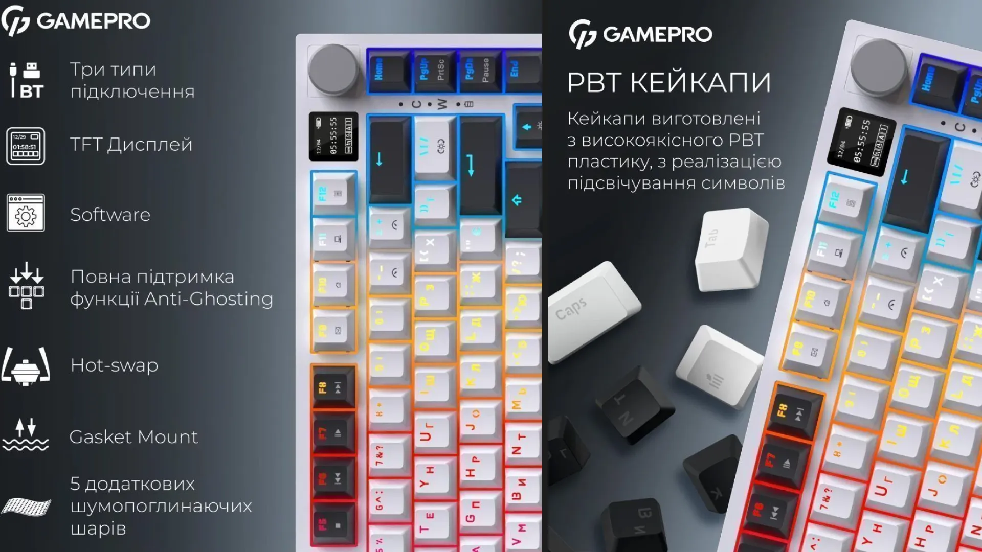 Клавіатура GamePro Asgard Valhalla Pro QLAB Sakura Switch Bluetooth/2.4G/USB White With Display (MK160-W-D-QS-PRO) (Black/White) (UA)