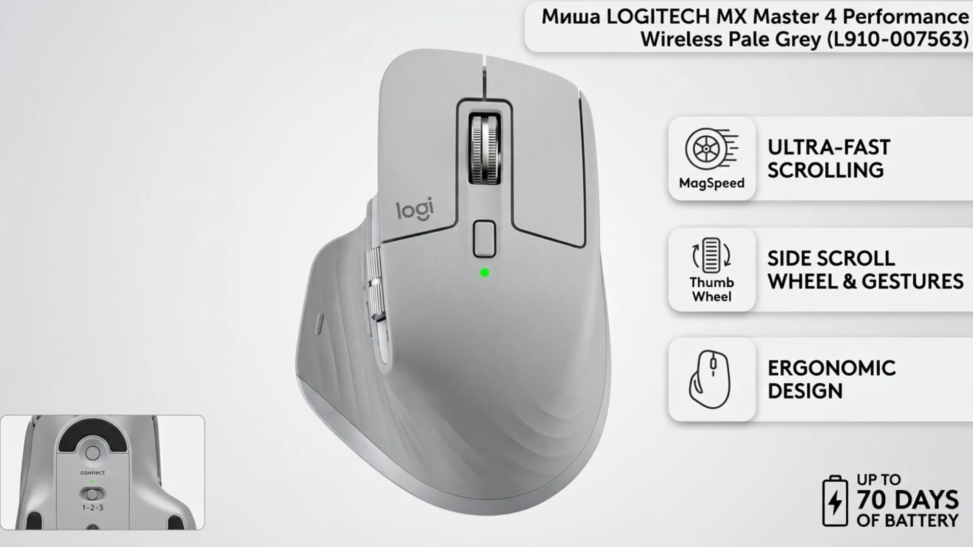 Миша Logitech MX Master 4 Performance Wireless/Bluetooth (910-007563) (Pale Grey)