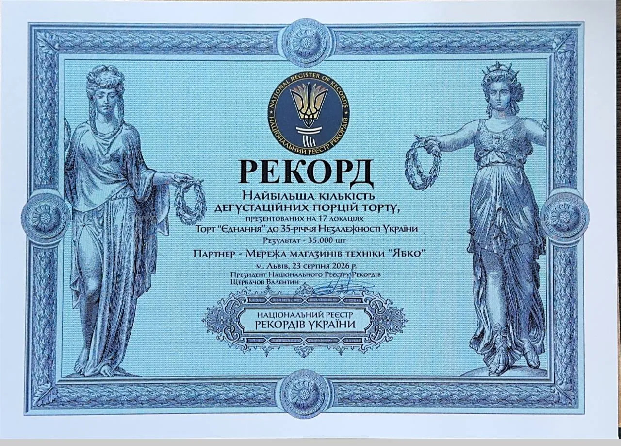 Мережа «Ябко» стала офіційним партнером Національного рекорду України до 35-річчя Незалежності
