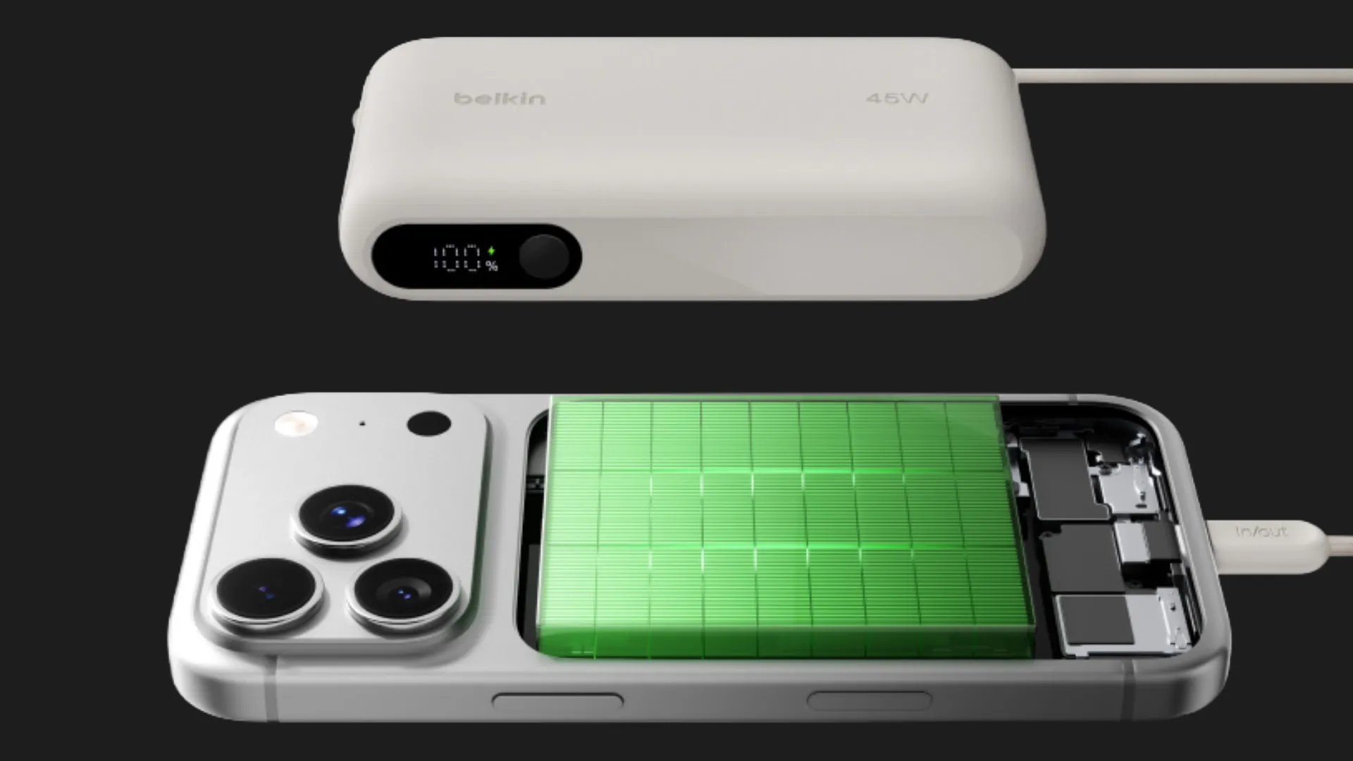 Зарядний пристрій Power Bank Belkin 20000мАh, 45W, з інтегрованим кабелем USB-C (Black)