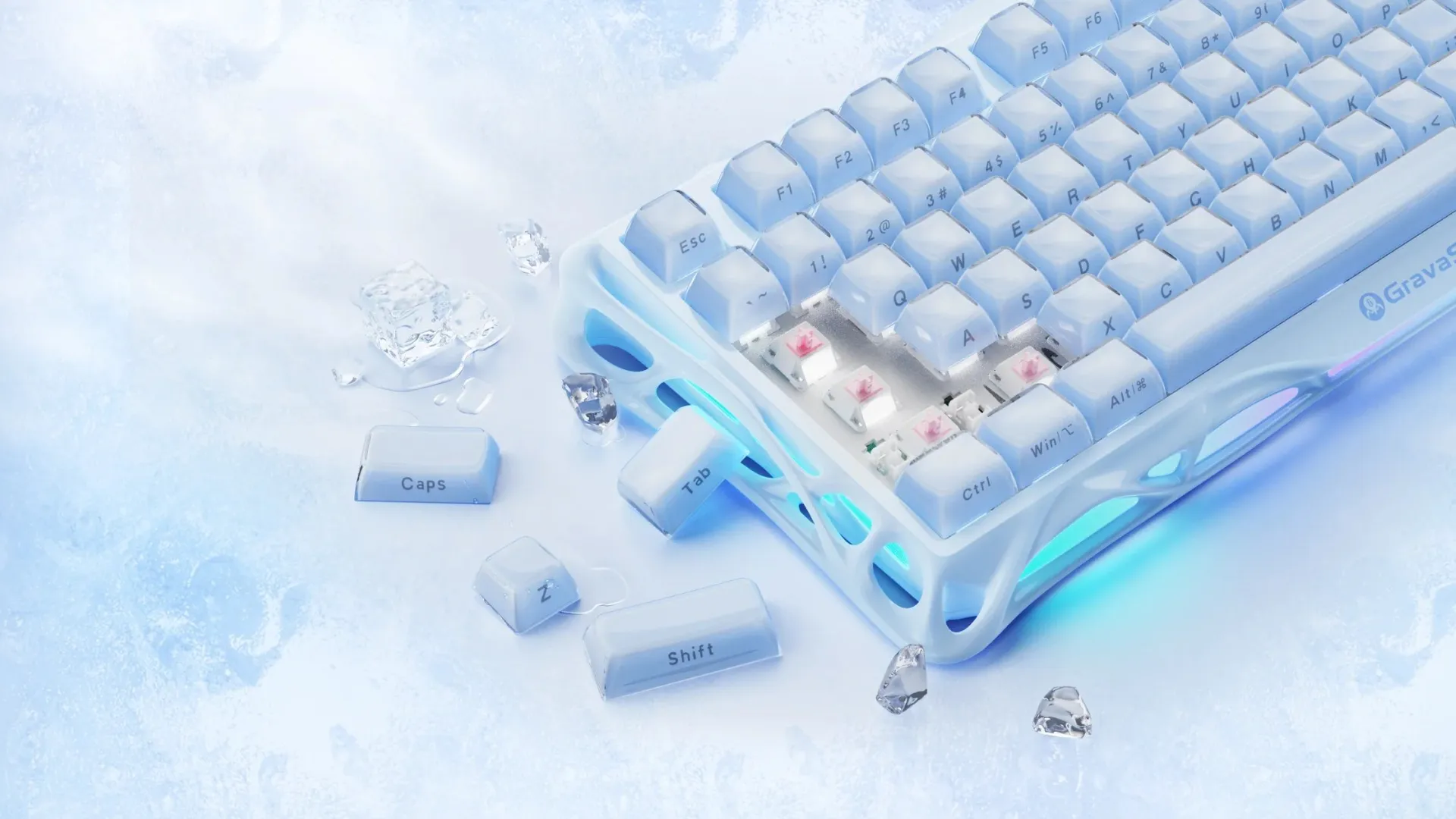 Клавіатура механічна GravaStar Mercury K1 80keys, GravaStar x Kailh Cheery Pink, EN, BT/WL/USB (Ice Blue)