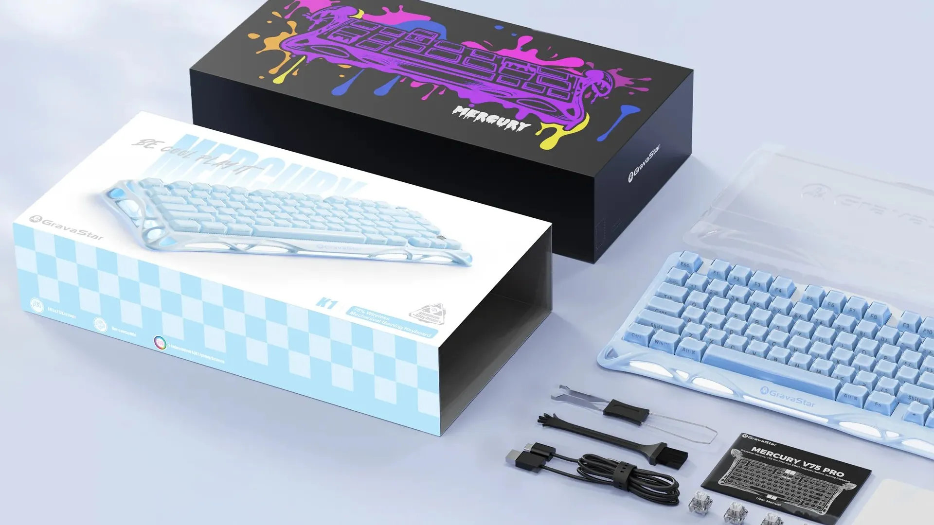 Клавіатура механічна GravaStar Mercury K1 80keys, GravaStar x Kailh Cheery Pink, EN, BT/WL/USB (Ice Blue)