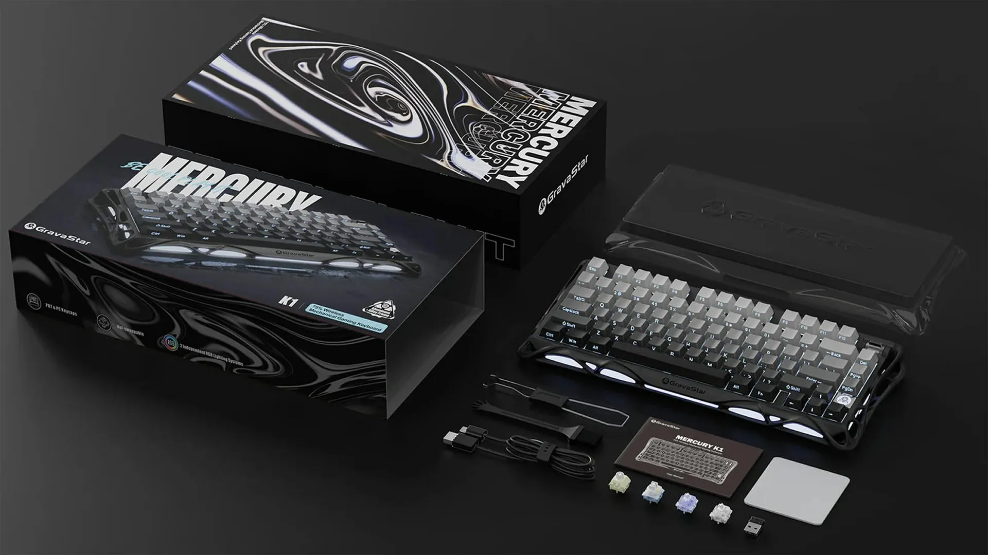 Клавіатура механічна GravaStar Mercury K1 80keys, GravaStar x Kailh Cheery Pink, EN, BT/WL/USB (Black)