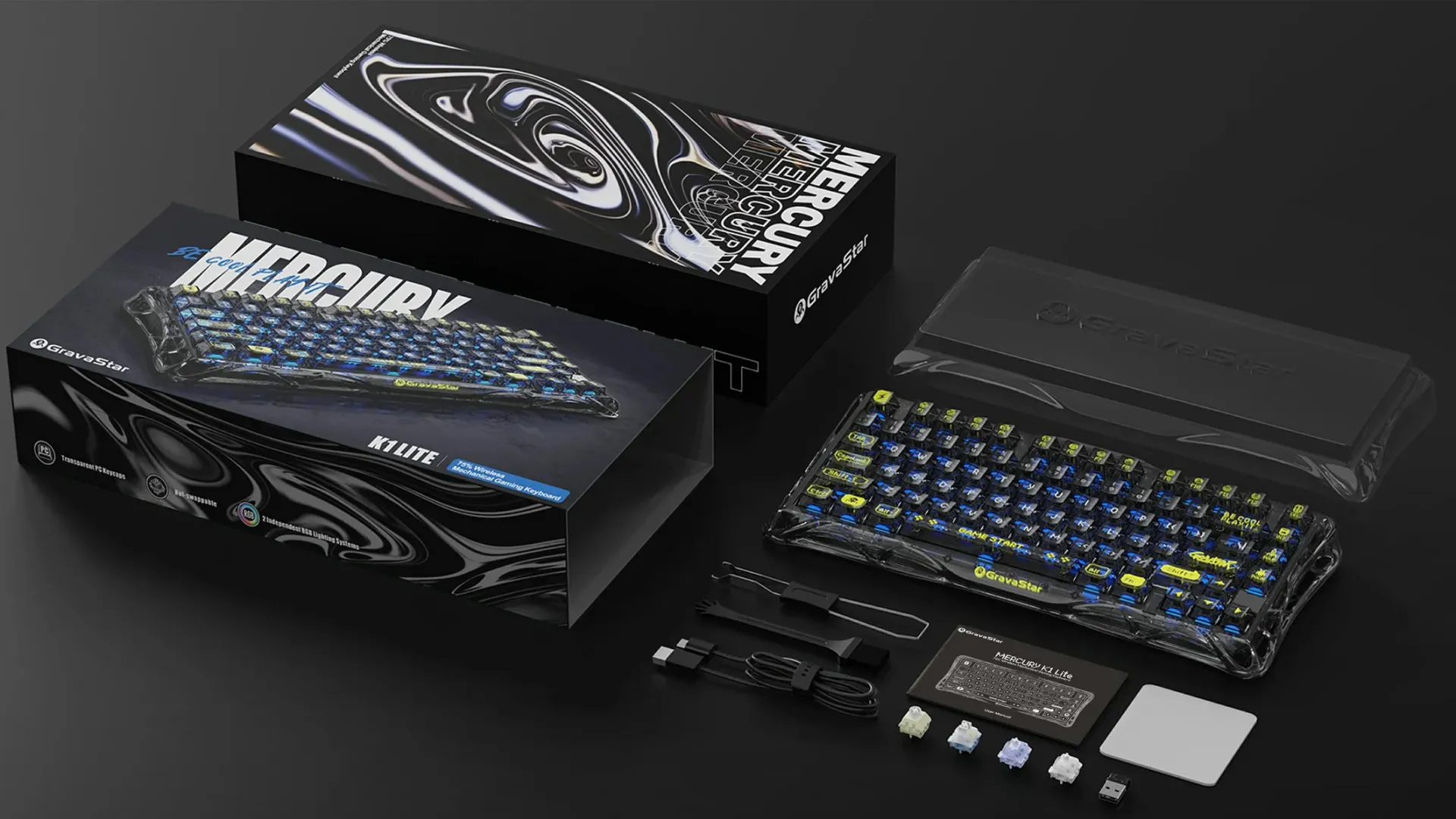 Клавіатура механічна GravaStar Mercury K1 Lite 80keys, GravaStar x BSUN Gray, BT/WL/USB, RGB (Black)