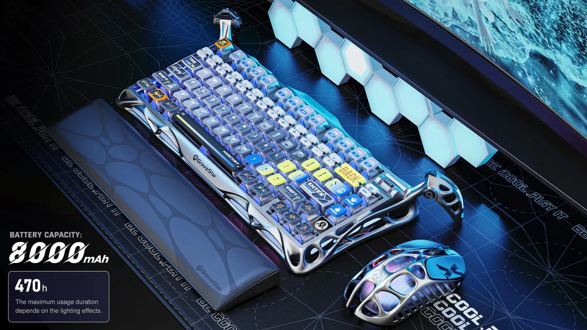 Клавіатура механічна GravaStar Mercury K1 Pro 80keys, GravaStar x Kailh Speedy Mint, BT/WL/USB, RGB (Interstellar Silver)