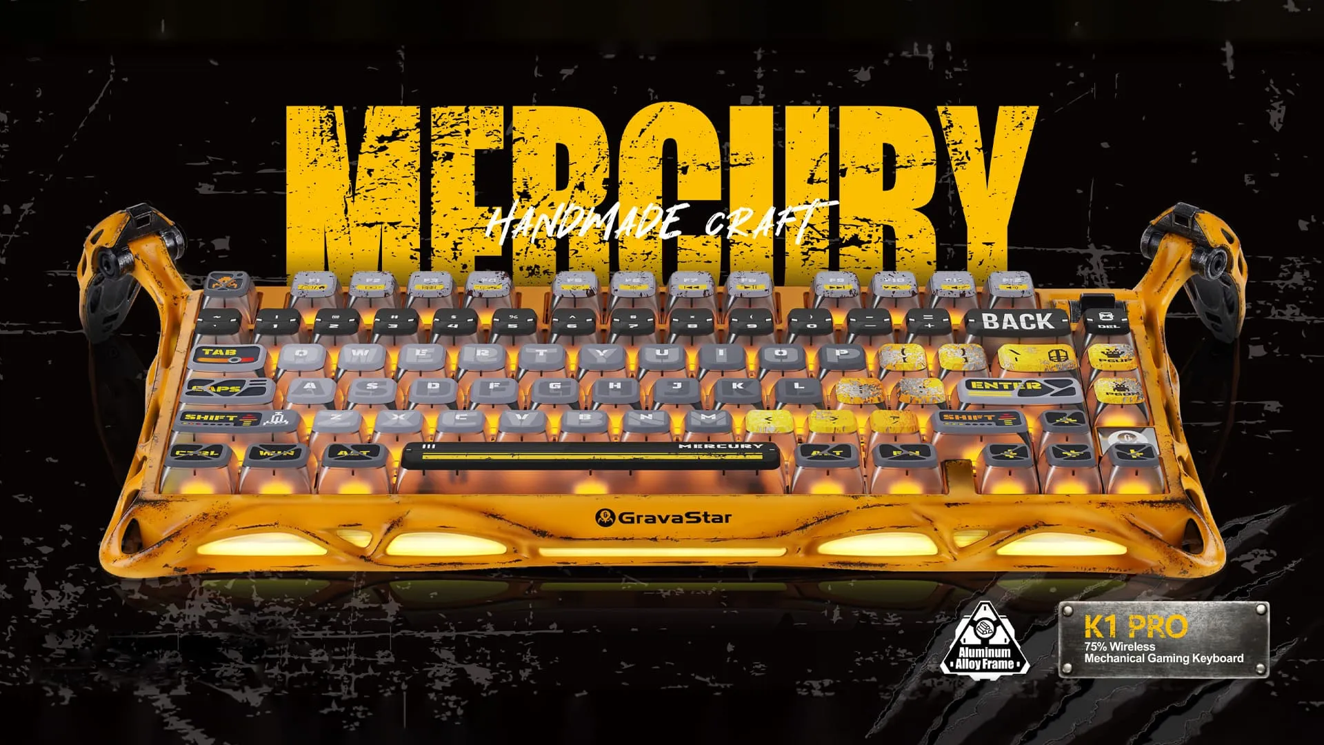 Клавіатура механічна GravaStar Mercury K1 Pro 80keys, GravaStar x Kailh Speedy Mint, BT/WL/USB, RGB (Yellow)