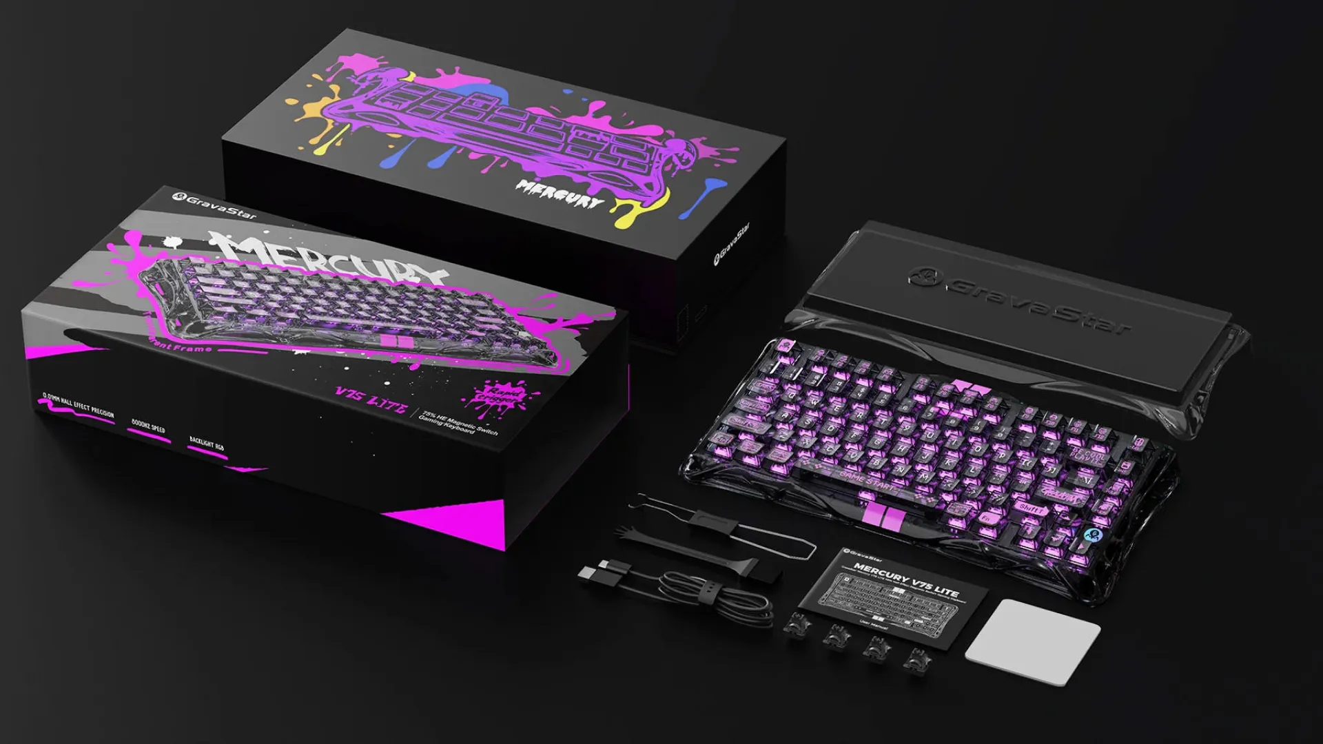 Клавіатура механічна GravaStar Mercury V75 Lite 75keys, Blackcore, USB-A, (Transparent Black)