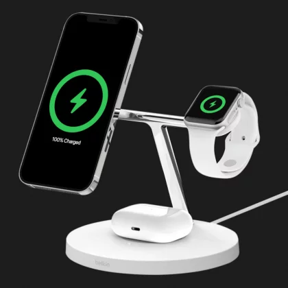 Бездротова зарядка Belkin 3-in-1 Wireless Charger with MagSafe 15W (White)