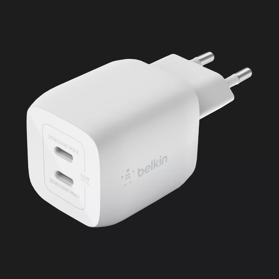 Зарядний пристрій Belkin Home Charger 45W GAN PD PPS Dual USB-С (White)