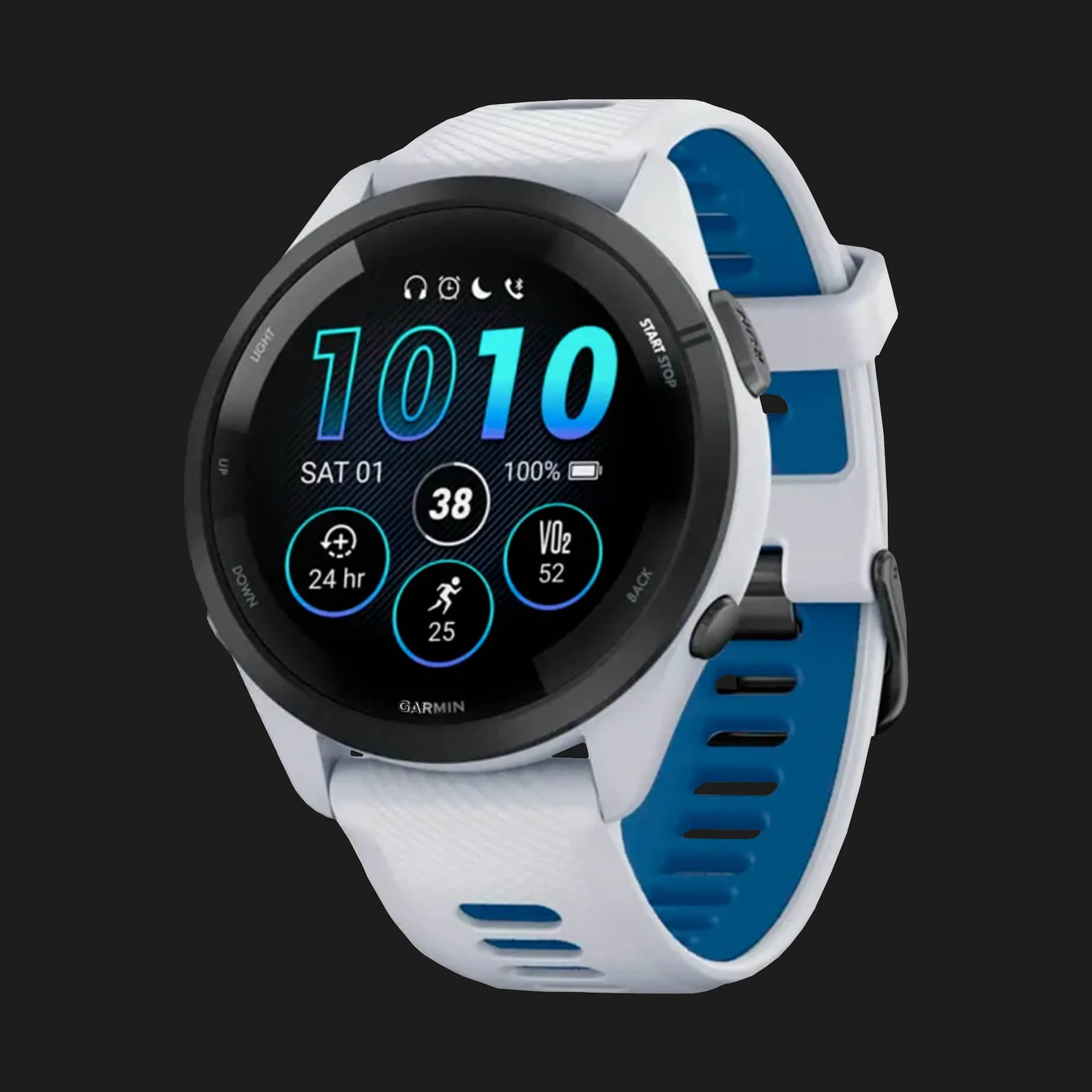 Garmin Forerunner 265 Black Bezel with Whitestone Case and Whitestone/Tidal Blue Silicone Band