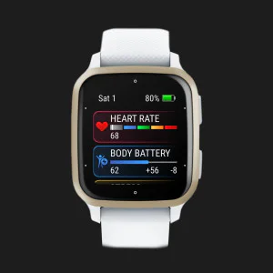 Garmin Venu Sq 2 Cream Gold Aluminum Bezel with White Case and Silicone Band