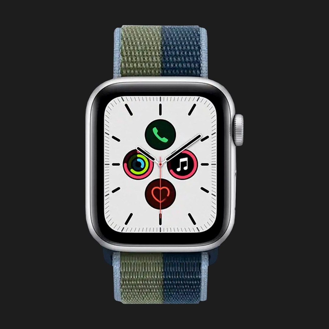 Apple Watch Series SE 44mm GPS + LTE, Silver Aluminium Case with Abyss Blue/Moss Green Sport Loop (MKT03)
