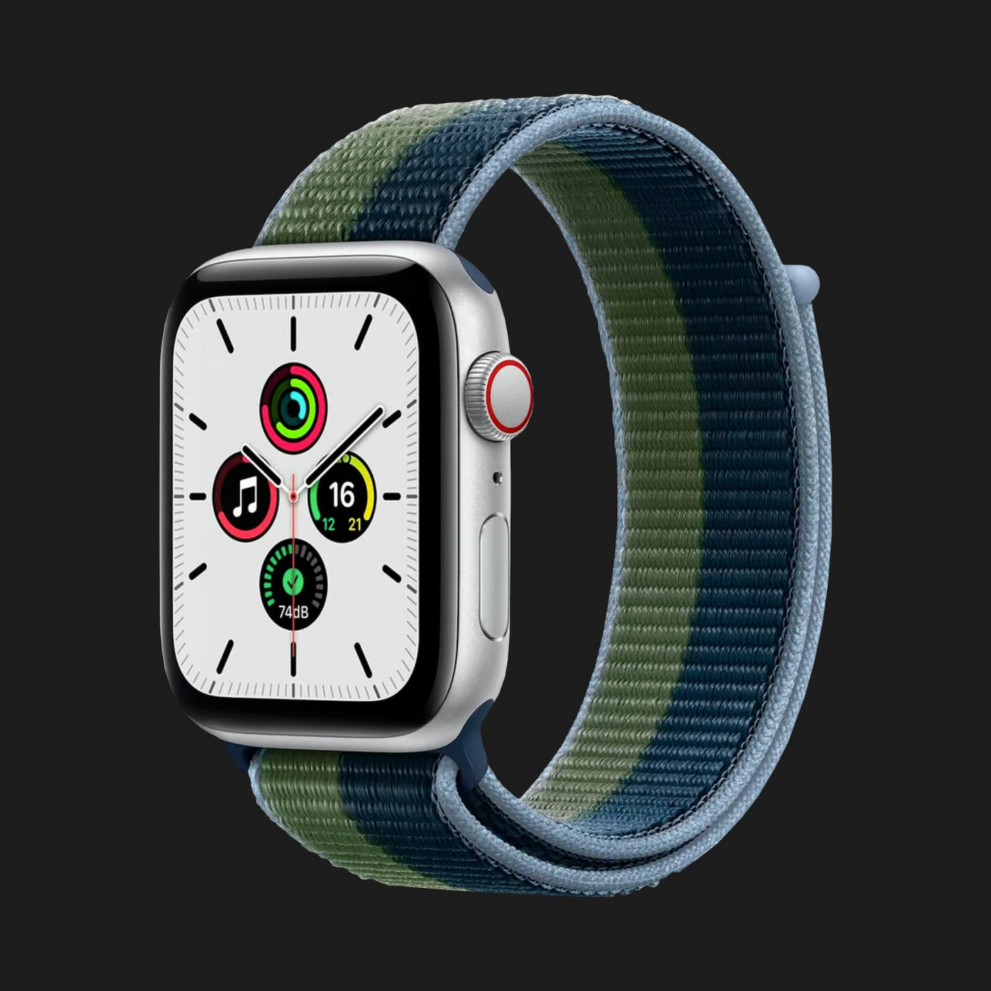 Apple Watch Series SE 44mm GPS + LTE, Silver Aluminium Case with Abyss Blue/Moss Green Sport Loop (MKT03)