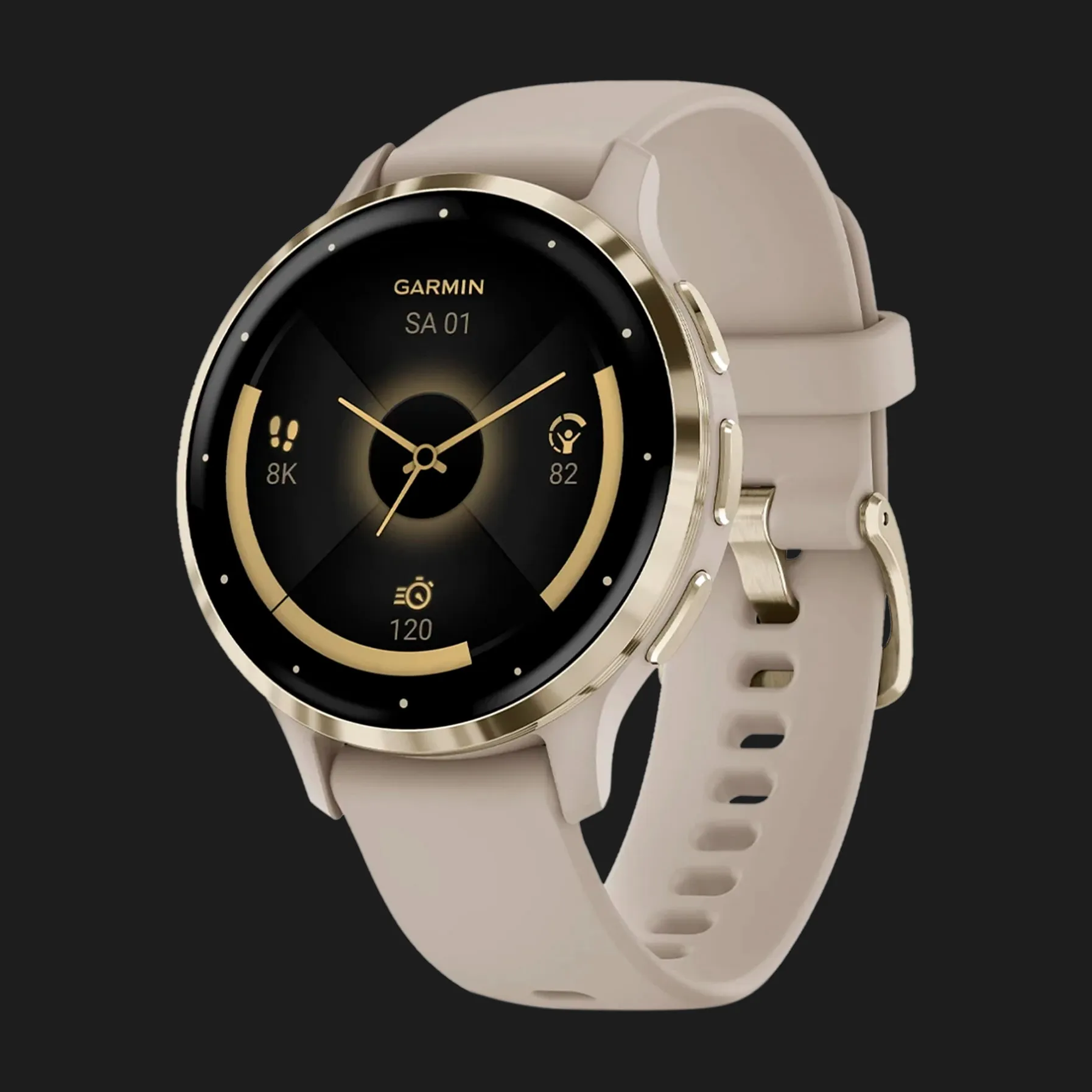 Garmin Venu 3S Soft Gold Stainless Steel Bezel with French Gray Case and Silicone Band