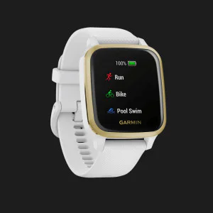 Garmin Venu Sq Light Gold Aluminum Bezel with White Case and Silicone Band