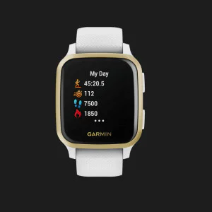 Garmin Venu Sq Light Gold Aluminum Bezel with White Case and Silicone Band