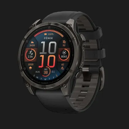 Garmin Fenix 8 47mm AMOLED Sapphire Carbon Gray DLC Titanium with Black/Pebble Gray Silicone Band Калуше