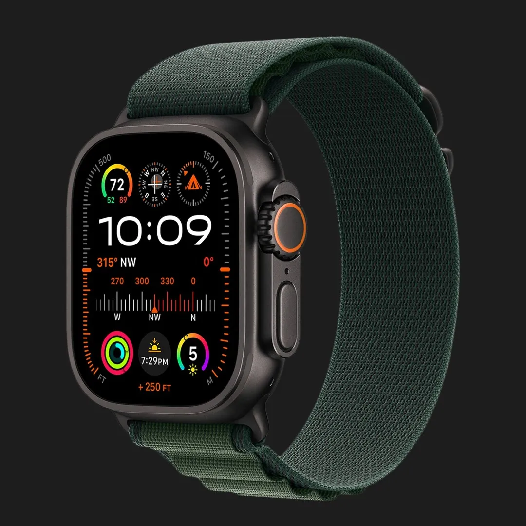 Apple Watch Ultra 2 49mm GPS + LTE Black Titanium Case with Dark Green Alpine Loop Small (MX4Q3)