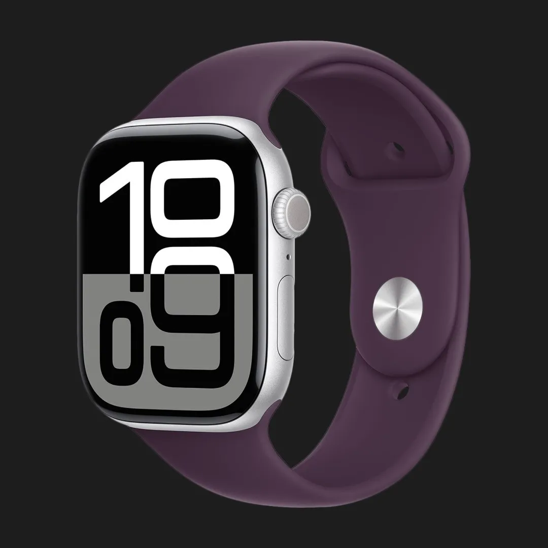 Apple Watch Series 10 GPS, 46mm Silver Aluminum Case with Plum Sport Band (M/L)