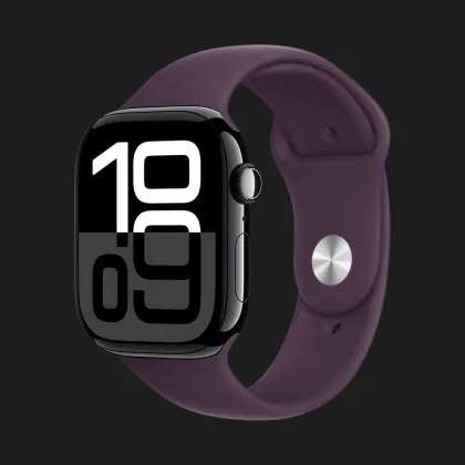Apple Watch Series 10 GPS, 46mm Jet Black Aluminum Case with Plum Sport Band (S/M)
