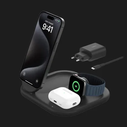 Безпровідна зарядка Belkin 3в1 Magnetic Foldable iPhone/Watch/AirPods, Qi2 15Вт (Black)