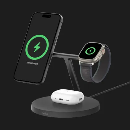 Безпровідна зарядка Belkin 3в1 Wireless Charging Stand with Qi2 15W (Black)