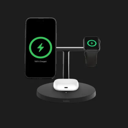 Безпровідна зарядка Belkin 3в1 Wireless Charging Stand with Qi2 15W (Black)