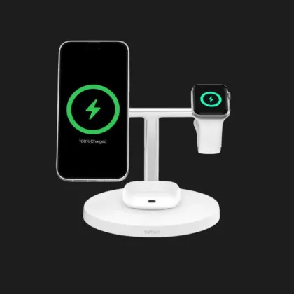 Безпровідна зарядка Belkin 3в1 Wireless Charging Stand with Qi2 15W (White)