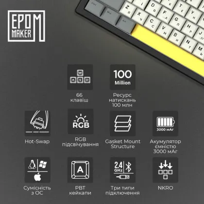 Клавіатура механічна бездротова Epomaker EK68 Budgerigar V2 (EK68-B-BV2) (Black) (UA)