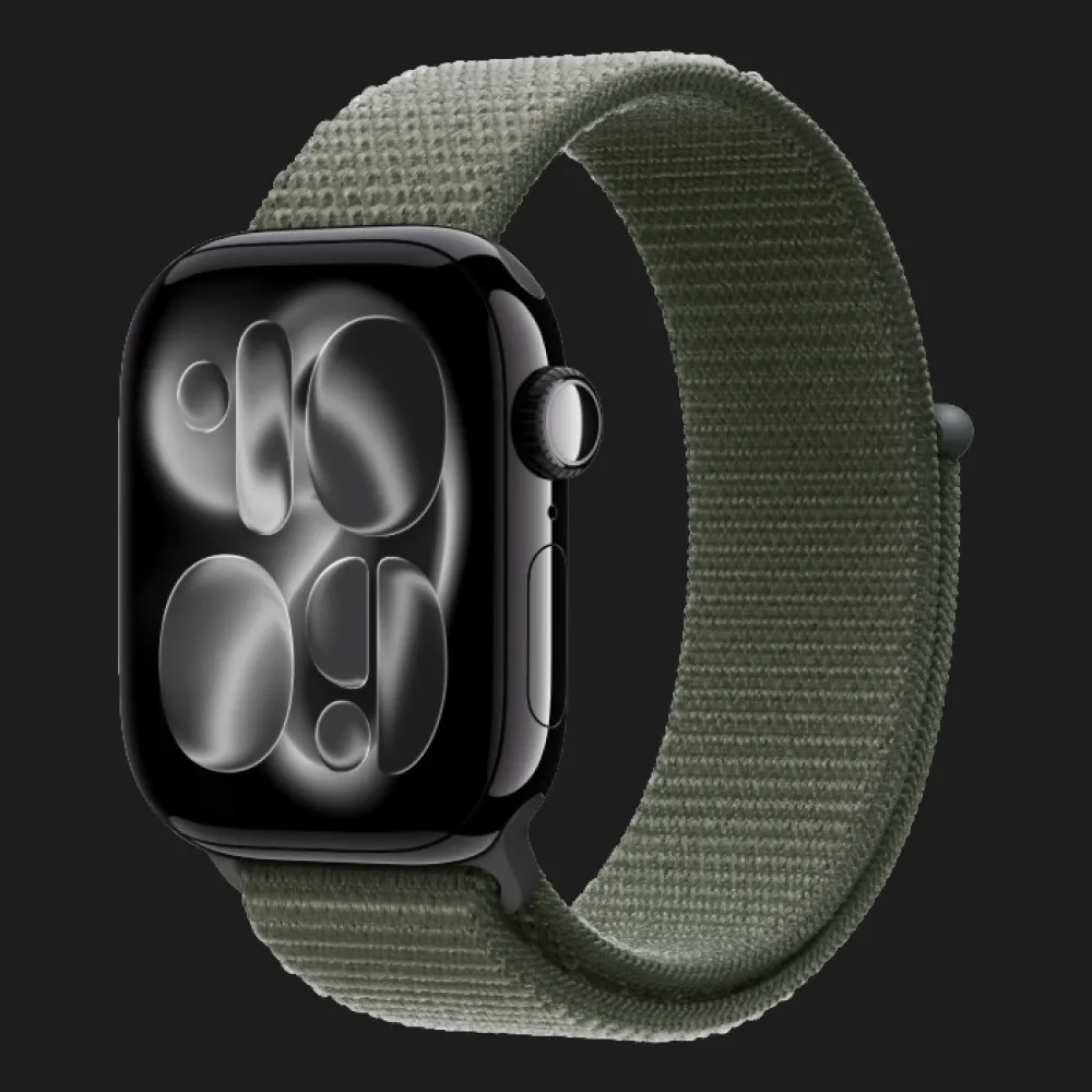 Apple Watch Series 11 GPS, 42mm Jet Black Aluminum Case with Forest Sport Loop