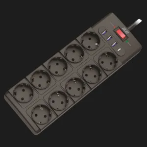 Мережевий фільтр 2E 10xТипF, 16A, 3xUSB-A, 1xUSB-C, 3m (Black) в Берегові