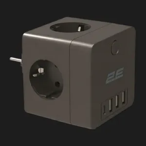 Адаптер мережевий фільтр 2E 3xТипF, 16A, 2xUSB-A, 1x USB-C (Black) в Берегові
