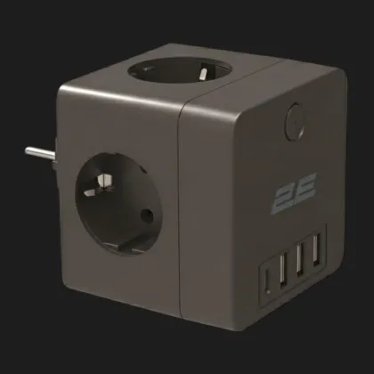 Адаптер сетевой фильтр 2E 3xТипF, 16A, 2xUSB-A, 1x USB-C (Black)