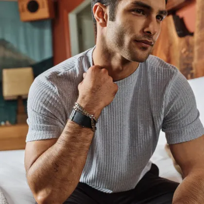 Ремінець Whoop LeatherLuxe Band Straight для Whoop MG (Black/Cream with Titanium) (Size L) в Ковелі