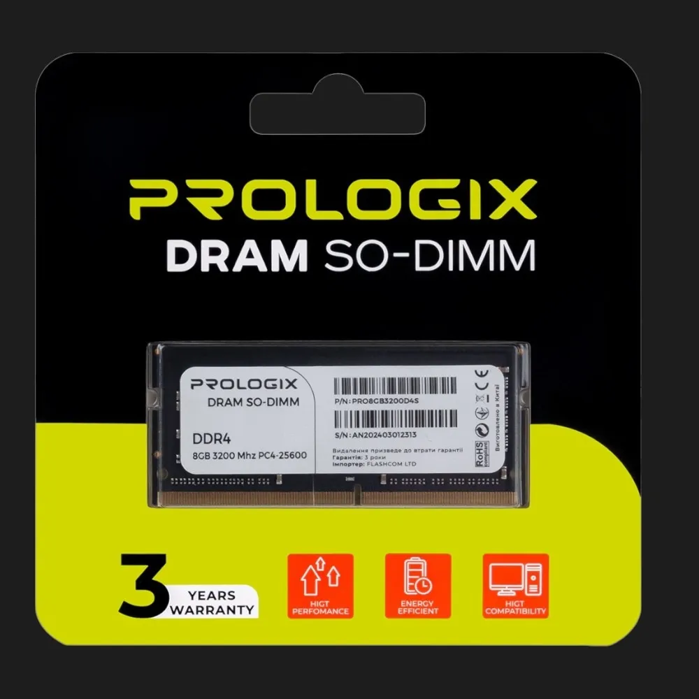 Оперативна памʼять Prologix SO-DIMM DDR4 8GB 1x8GB 3200MHz (PRO8GB3200D4S)