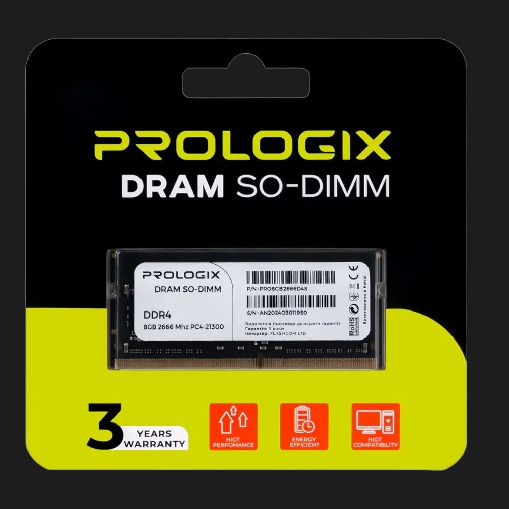 Оперативна памʼять Prologix SO-DIMM DDR4 8GB 1x8GB 2666MHz (PRO8GB2666D4S)