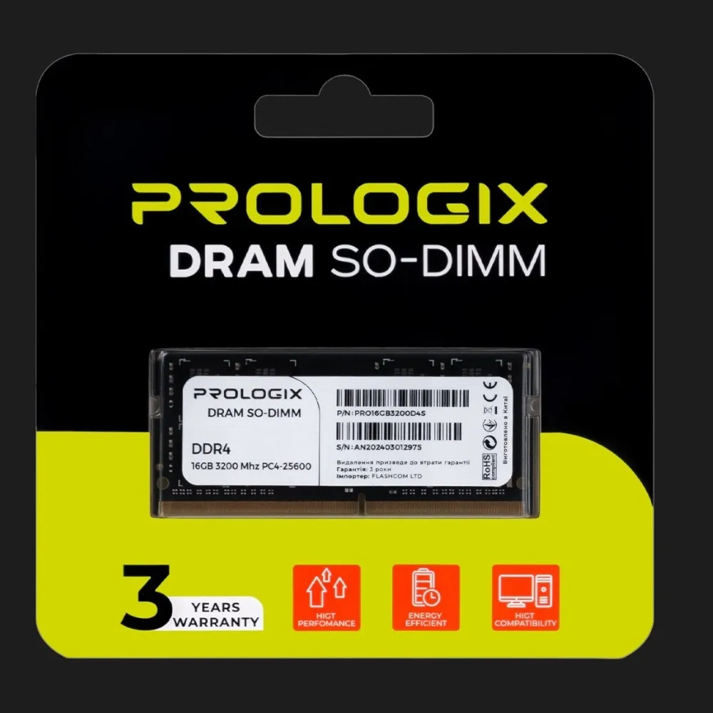 Оперативна памʼять Prologix SO-DIMM DDR4 16GB 1x16GB 3200MHz (PRO16GB3200D4S)