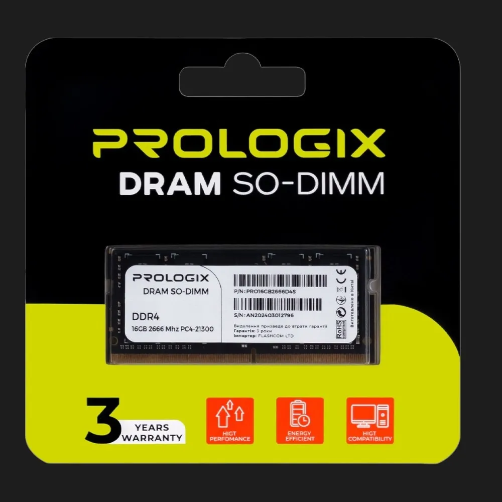 Оперативна памʼять Prologix SO-DIMM DDR4 16GB 1x16GB 2666MHz (PRO16GB2666D4S)