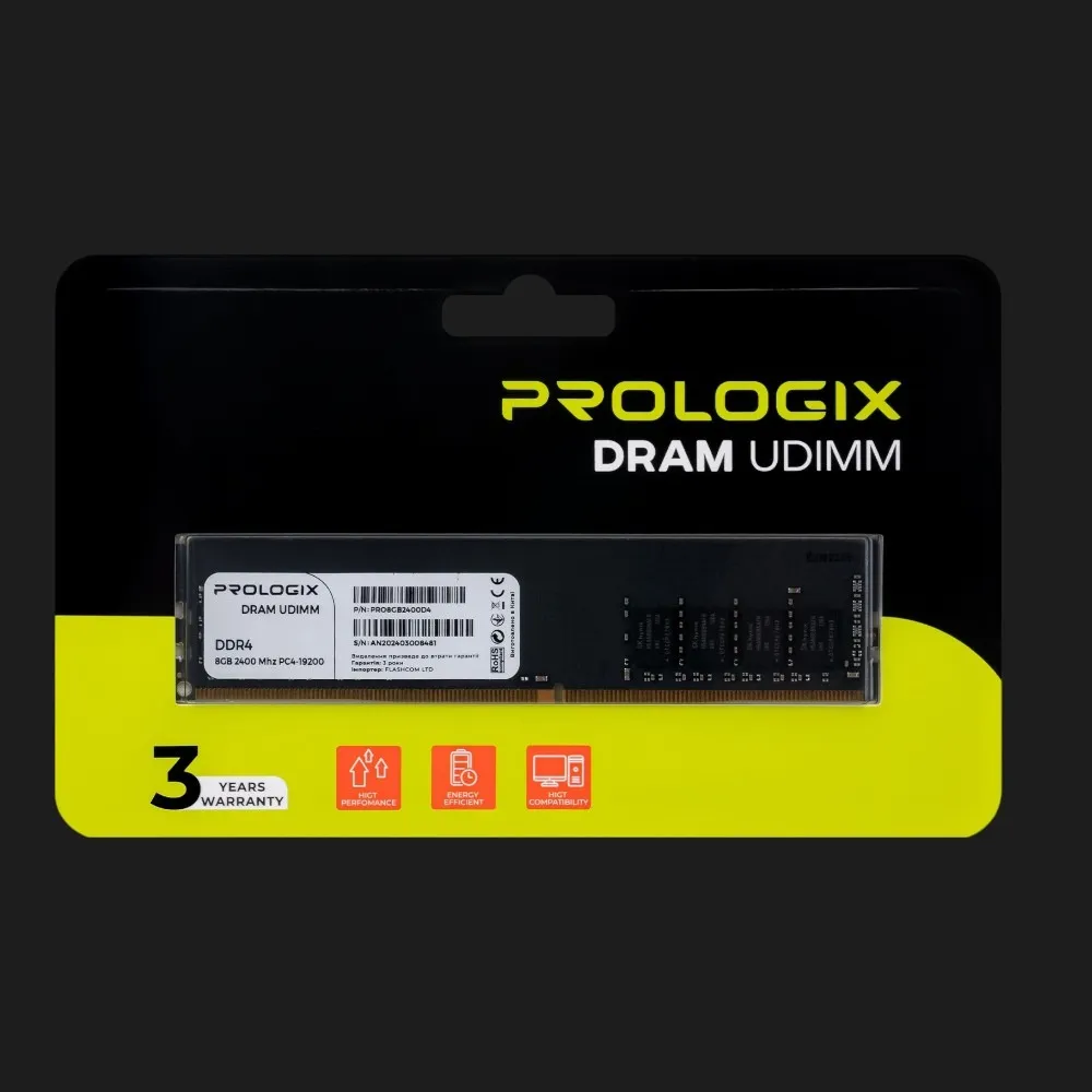 Оперативна памʼять Prologix DDR4 8GB 1x8GB 2400MHz (PRO8GB2400D4)