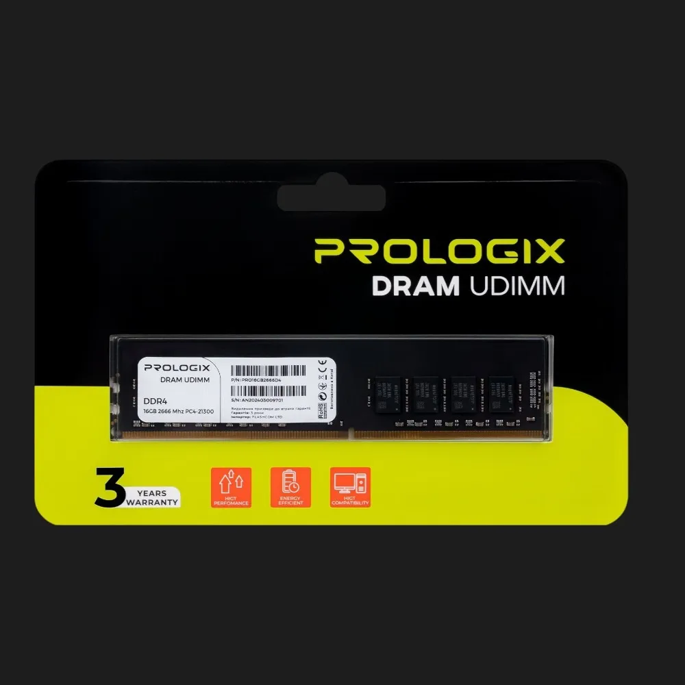 Оперативна памʼять Prologix DDR4 16GB 1x16GB 2666MHz (PRO16GB2666D4)